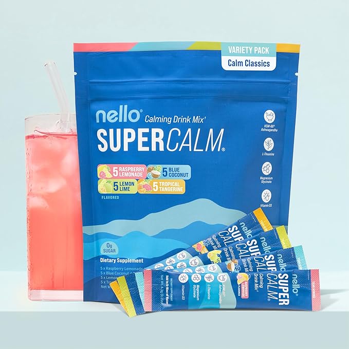 Nello Supercalm Drink Mix - Ashwagandha KSM 66, Magnesium Glycinate & L-Theanine Supplement, Vitamin D3 - Ashwagandha Root Extract - Focus and Relaxation Support (20 Travel Packets) - Variety Pack