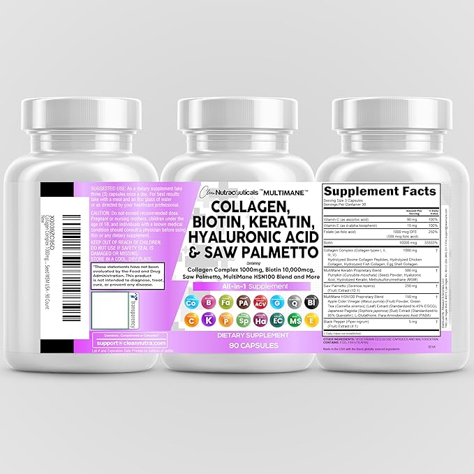 Clean Nutraceuticals Collagen Pills 1000mg Biotin 10000mcg Keratin Saw Palmetto Hyaluronic Acid - Hair Skin & Nails Vitamins & DHT Blocker with Vitamin E Folic Acid Pumpkin Seed MSM - 90 Count