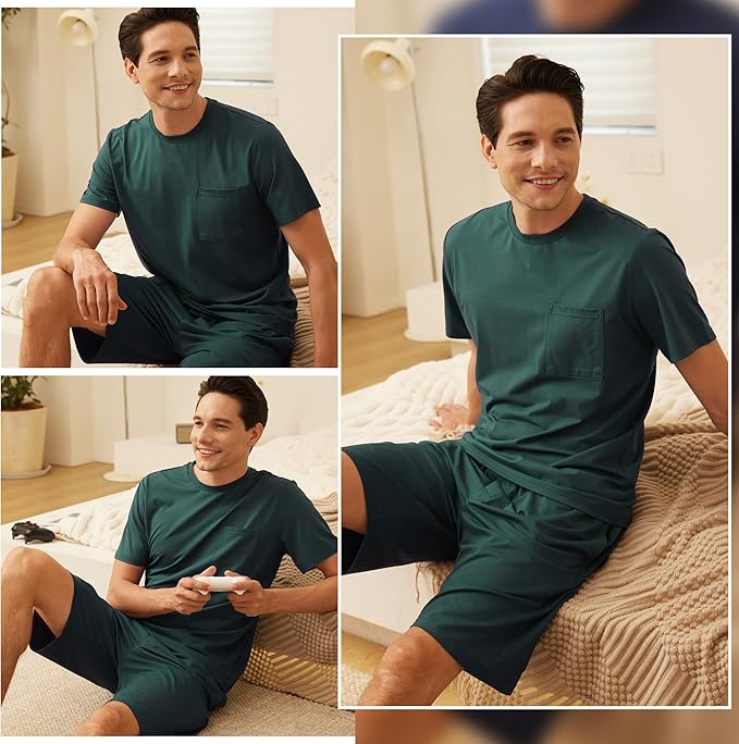 BAMBOO COOL Mens Pajama Set Summer Pjs Sleepwear Short Sleeve Shirts Soft Lightweight Sleep Sets with Pockets S-2XL