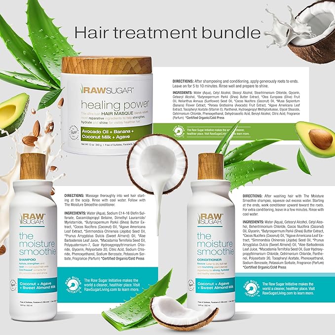 Raw Sugar Moisture Smoothie + Hair Masque Bundle - Shampoo & Conditioner for Dry Damaged Hair, Sulfate & Paraben Free