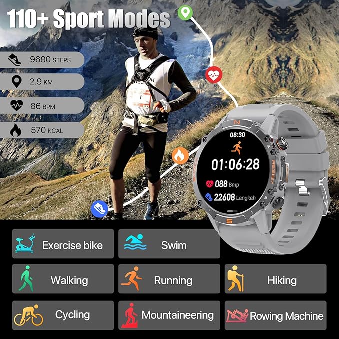 WalkerFit Smart Watch for Men- Answer/Dial Calls with 110 Sport Models,IP68 Waterproof Fitness Watch with Heart Rate Monitor,Android Smart Watch for iPhone Compatible, 1.43" AMOLED Display, Light Gray