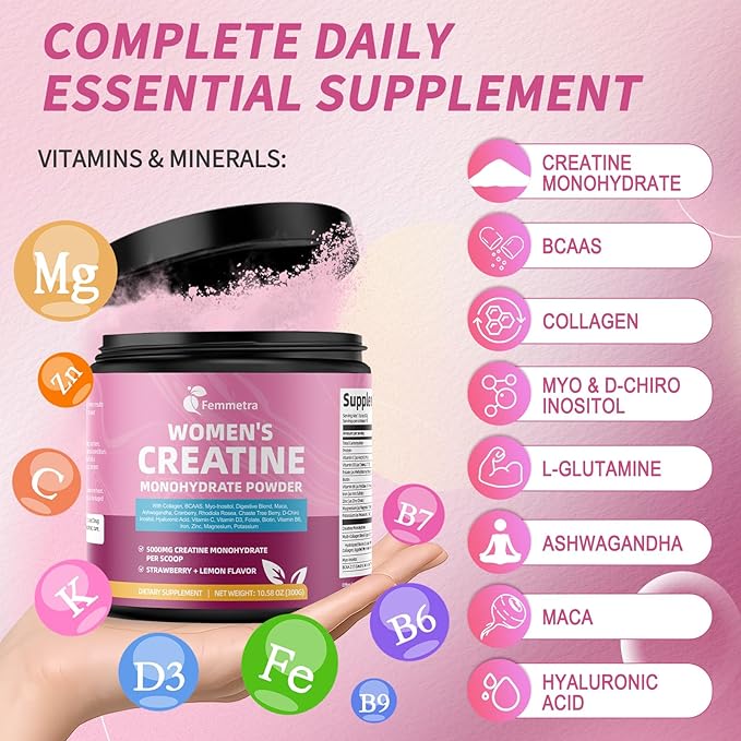Creatine Collagen for Women, Creatine Monohydrate BCAA Myo-Inositol Biotin Hyaluronic Acid Folate L Glutamine Vitamin D3 C B6 Iron Zinc D-Chiro-Maca Digestive Enzyme Probiotic Ashwagandha Magnesium 5g