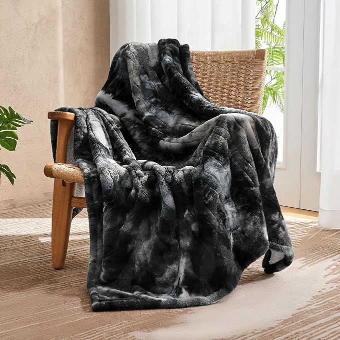 Electric Heated Throw Blanket 50"x60",Luxury Black Faux Fur Electric Blanket,Fast Heating Soft Fluffy Thick Electric Blanket with 6 Heating Levels & 12H Auto Off