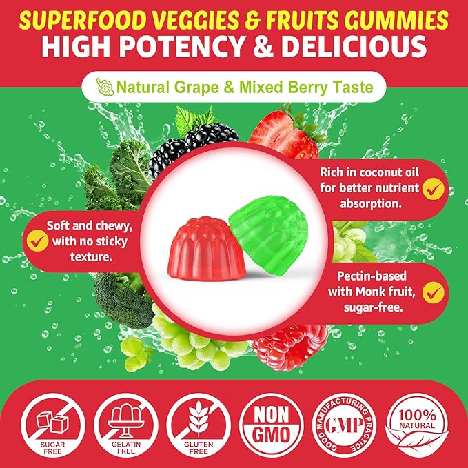 Super Greens Gummies, Daily Green Superfood Supplement w/Spirulina, Chlorella, Mushrooms, Probiotics, Multivitamins, 50+ Super Greens & Veggies Gummies to Boost Immunity, Energy & Gut Health, 120cts