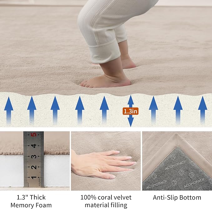 ACOMOPACK Baby Play Mat for Floor,1.3" Thick Memory Foam Area Rug for Living Room,Soft Velvet Crawling with Non-Slip Bottom for Kid,Toddler,71"×79" Tummy Time Nursery Rugs,Yoga(Beige)