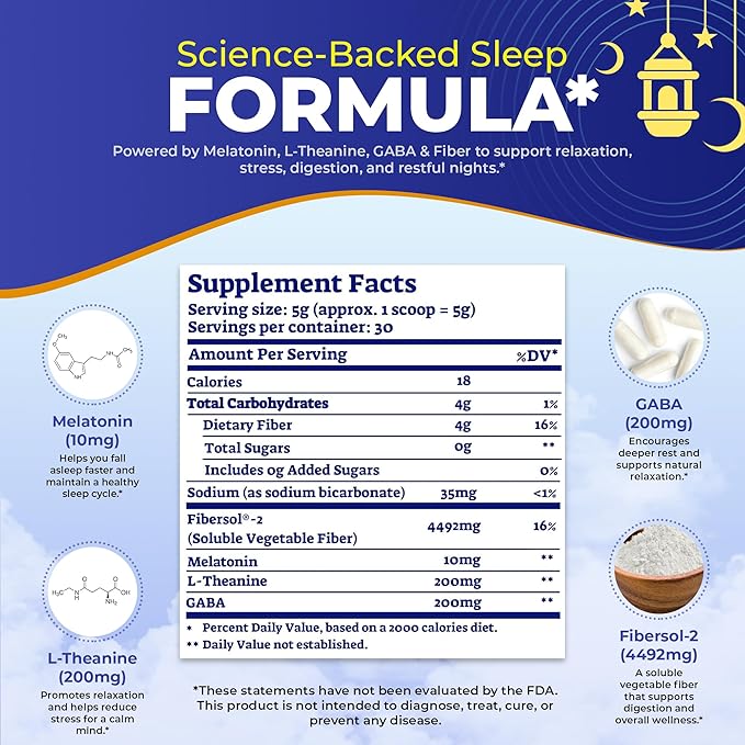 Dr Sugar Labs โ Sleep Aid Melatonin Powder Made in USA | Enjoy in Warm Milk or Herbal Tea | 10mg Melatonin Sleep Supplement | 0 Sugar, Stevia-Sweetened with L-Theanine, GABA & Fiber | 30 Servings