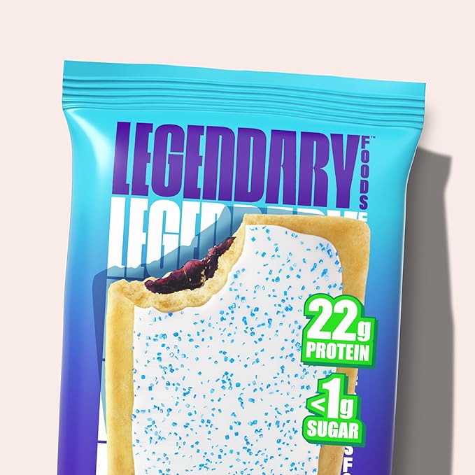 Legendary Foods 22g Protein Pastry+ Blueberry, Low Carb Meal Replacement Bar - Low Glycemic, Gluten Free Protien Snacks - Healthy Keto Snack Box 8 Zero Sugar Energy Bars - Bariatric Diabetic Friendly