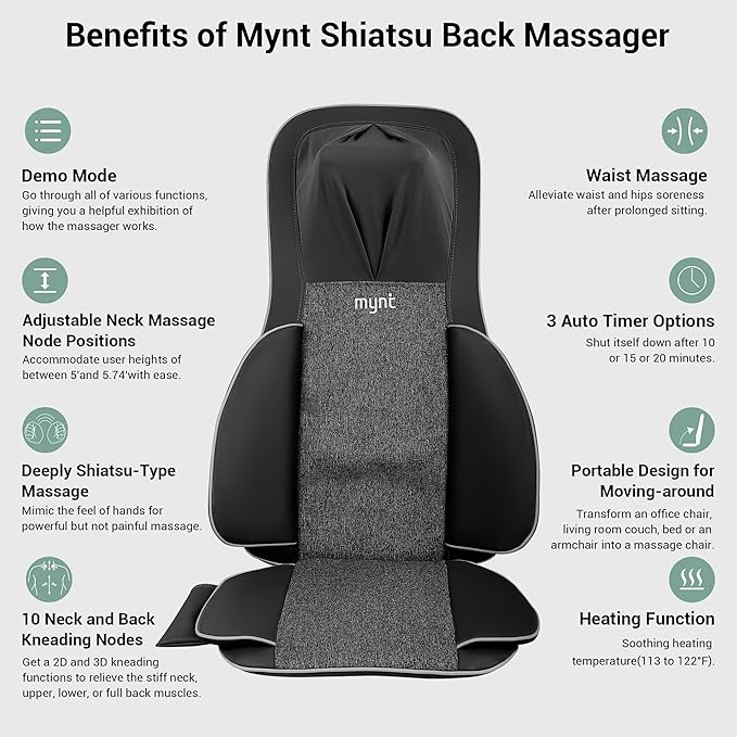 Mynt 2D & 3D Shiatsu Neck and Back Massager for Chair with 10 Deep Kneading Nodes, Back Massage with Heat, Portable Spot Massage Chair Pad (Black)