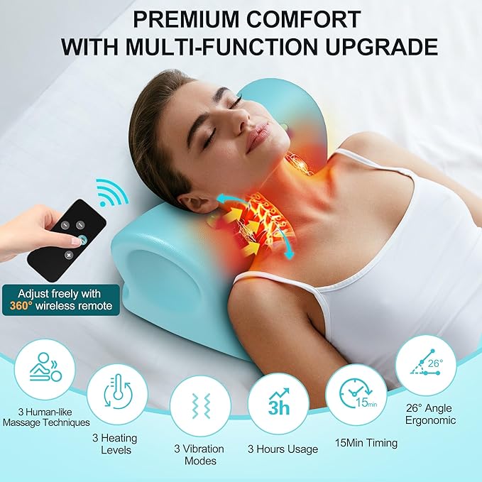 snawowo Neck Massager with Heat - 3D Kneading 3 Heat 3 Vibration, Remote Control Massage Pillow, 30° Ergonomic for Shoulder Neck Pain Relief, 15Min Timer (Sky Blue)