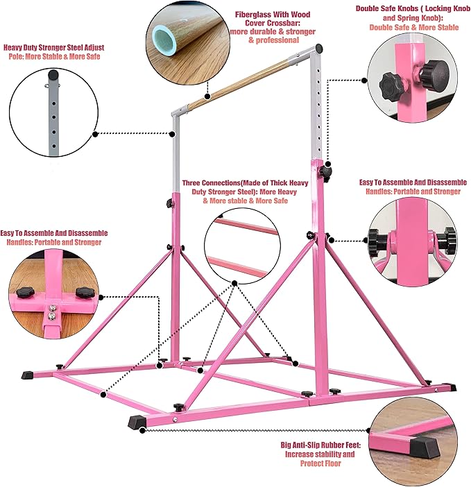 Gymnastic Bar for Kid and Teenage Ages 3-25, 5 FT / 6 FT Base Length, 5 FT / 6 FT Height, Gymnastic Kip Bar Horizontal Bar for Gymnast, Gymnastic Training Equipment for Home and Club Use