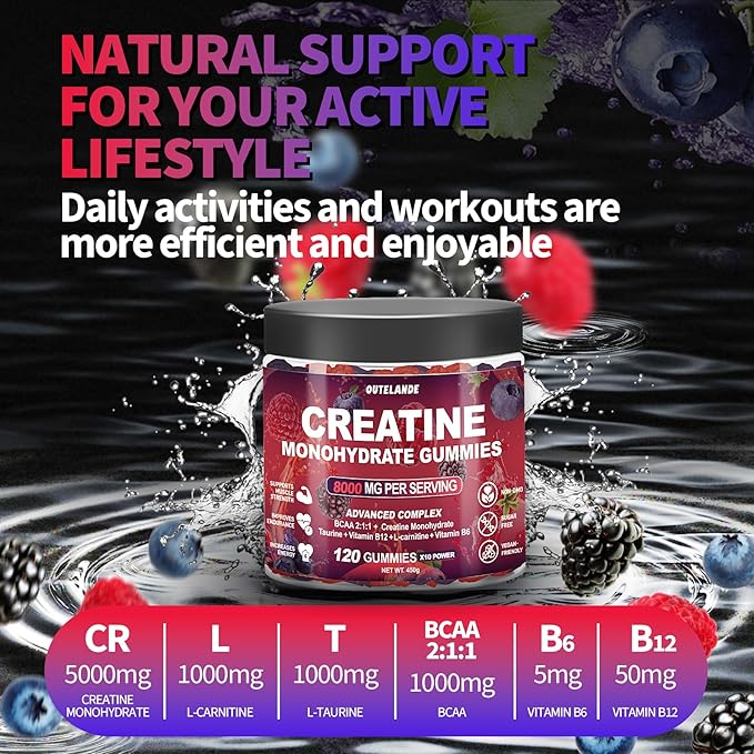 Creatine Monohydrate Gummies 8000 mg for Men & Women, Creatine Supplement for Enhanced Muscle Growth, Energy Boost - with L-Taurine, Sugar Free, Vegan, Raspberry BlackBerry Blueberry Flavor-120 Count