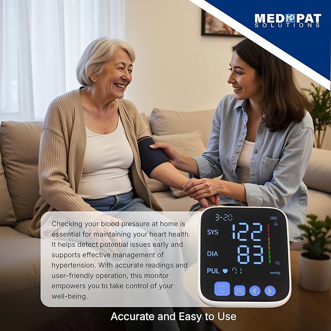 Med-Pat BP-S Arm Blood Pressure Monitor - 4.7" HD LCD Screen - 2 Users x 300 Memories Plus Guest Mode - Irregular Heartbeat Detection - Hold Still Indicator - FSA/HSA Approved - Portable Square Design
