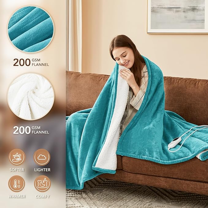 Homemate Electric Heated Blanket Full Size - 72"x84" Heating Blanket Full Size 1/2/4/6/8 Hours Auto-Off 10 Heat Level Over-Heat Protection Flannel Sherpa ETL Certification