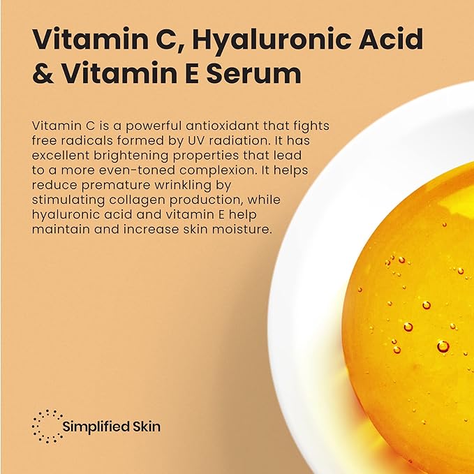 Simplified Skin Vitamin C Face Serum – 20% Vitamin C, Hyaluronic Acid, Vitamin E – for Hydrating & Glowing Skin - Antioxidant Skin Brightening Serum – 2 Fl Oz