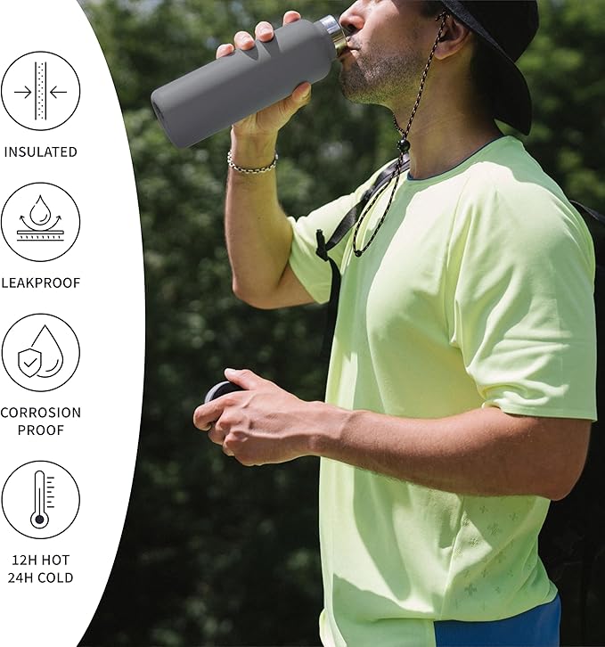 Bambaw 32 oz Water Bottle, Gray Double Wall Insulated Water Bottle, Stainless Steel Water Bottle, Thermo Water Bottle, Women and Mens Water Bottle, 1 Liter Water Bottle – Stormy Gray