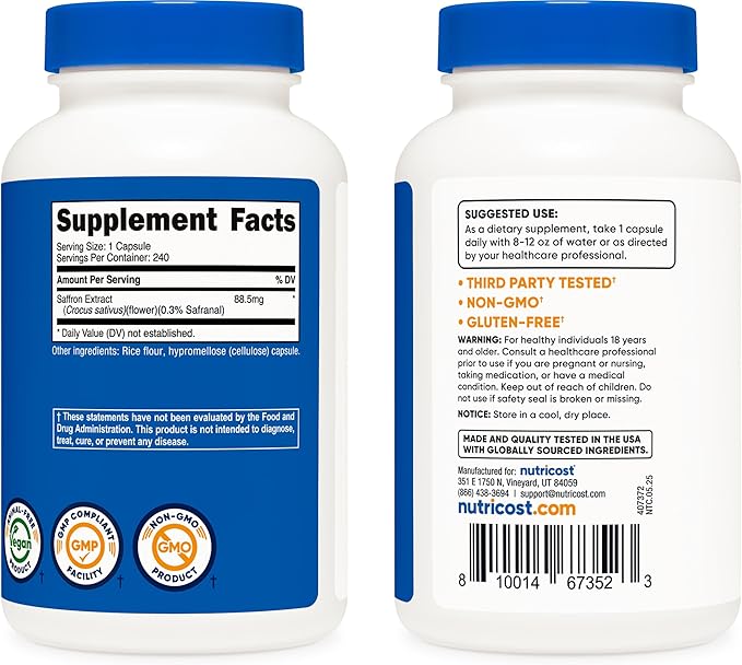 Nutricost Saffron Extract 88.5mg, 240 Capsules - Veggie Caps, Non-GMO, Gluten Free
