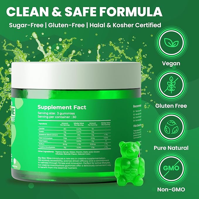 Creatine Monohydrate Gummies for Men & Women | 5000mg of Creatine Gummies per Serving | Sugar, Gluten Free & Halal | Pack of 90 for Pre Workout Support | Green Apple Flavor
