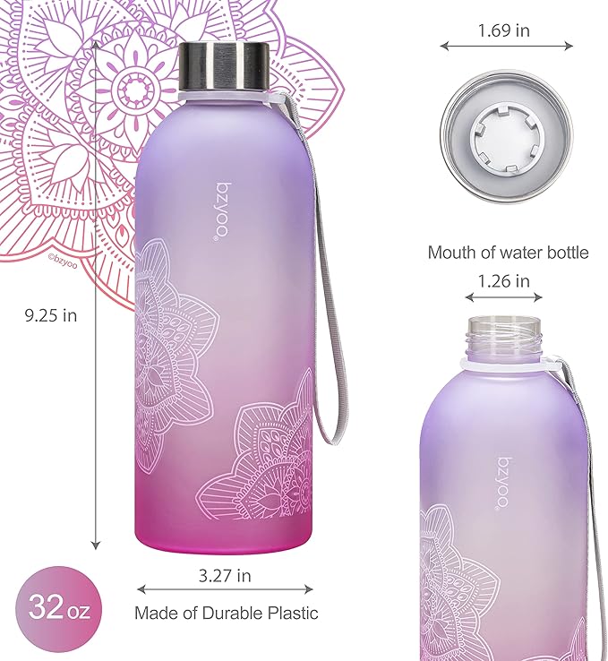 bzyoo 32 OZ 1 Liter Time Marker Water Bottle BPA Free Frosted Durable Plastic With Strap - Reusable Water Bottle With Times To Drink For Fitness Gym Gifts For Him & Her (Color: Ombre Pink)