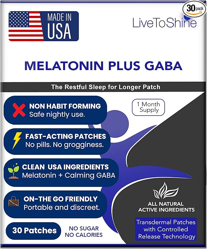 Live To Shine Melatonin Patches for Sleep - Plus GABA to Calm Busy Brains Fast - Perfect Combo for Men and Women - Slow Release - 30 Patches - USA Made