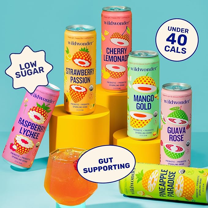 wildwonder Sparkling Probiotic Drink 12pk, For Gut Health & Immune Support, Peach Ginger, 5g Prebiotic Fiber, Live Probiotics, Organic, Vegan, Low Sugar, 12 Pack, 12oz Can, As Seen on Shark Tank