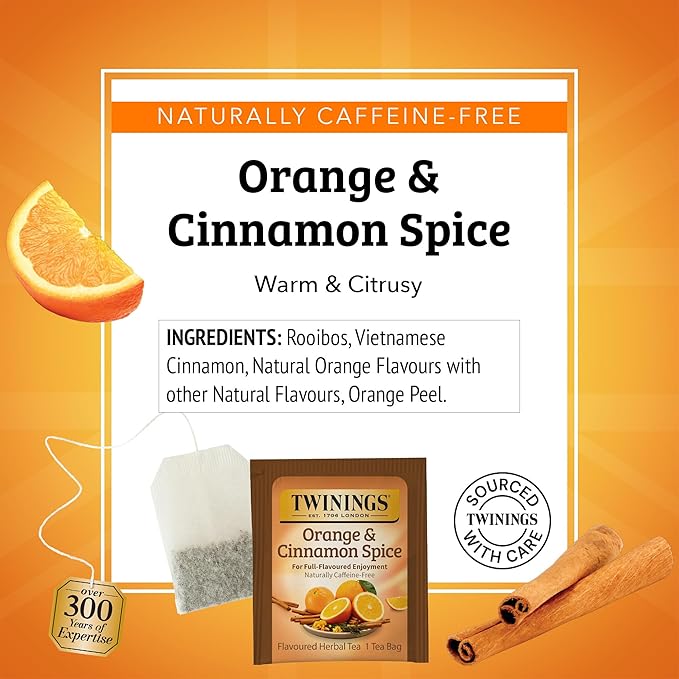 Twinings Orange & Cinnamon Spice Herbal Tea Individually Wrapped Bags, 20 Count (Pack of 6), Naturally Caffeine-Free, Enjoy Hot or Iced, 120 Teabags