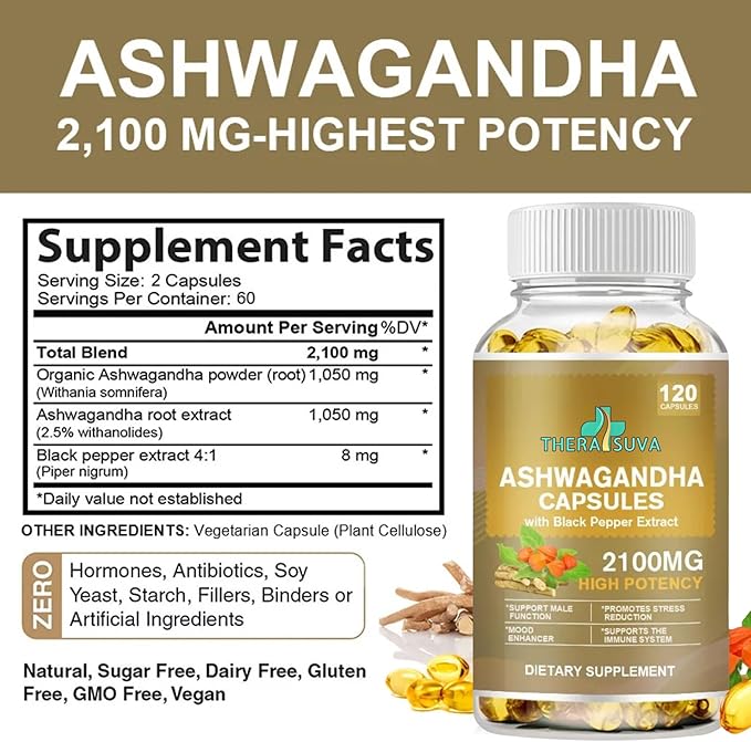 Superior Potency Ashwagandha 2100mg + Black Pepper Extract 8mg Supplement for Stress Relief & Immune Support, 120 Softgel Capsules, 60-Day Supply