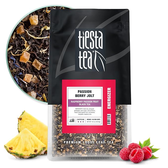Tiesta Tea - Passion Berry Jolt, Loose Leaf, Raspberry Passion Fruit Black Tea, Premium Blend, Caffeinated Black, Make Hot or Iced Brews Up to 200 Cups, 16oz Resealable Bulk Pouch