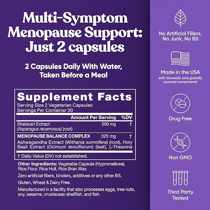 Menopause Balance – Menopause Supplements for Women with Shatavari, Ashwagandha, L-Theanine & Holy Basil – Holistic Multi-Symptom Support & Hot Flash Relief for Women – 60 Vegetarian Capsules