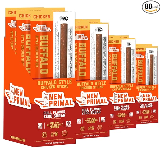 New Primal Buffalo Chicken Sticks, Keto, Gluten Free Healthy Snacks, Sugar Free Low Carb High Protein, Jerky Meat Stick, 9g Protein, 80 Pack