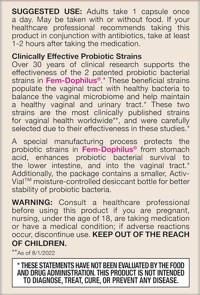 Jarrow Formulas Fem-Dophilus - 1 Billion Organisms Per Serving - 30 Veggie Capsules - Women’s Probiotic - Urinary Tract Health - Up to 30 Servings