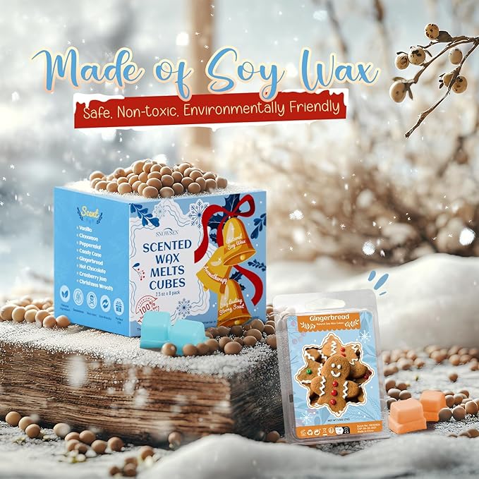 Winter Wax Melts Wax Cubes, SNOWSEN Strong Fragrance Soy Wax Cubes for Wax Warmer, Scented Wax Melts Gift Set, Gingerbread, Cranberry, Hot Chocolate, Christmas Wreath and More, Wax Melts Tarts -8 Pack