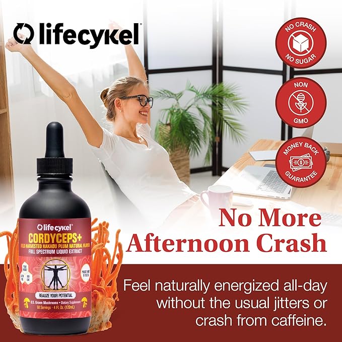 Life Cykel Cordyceps Mushroom Extract with Kakadu Plum - Energy, Stamina & Vitality Support, Natural Aging Supplement - Non-GMO and Vegan Tincture - 1Fl Oz