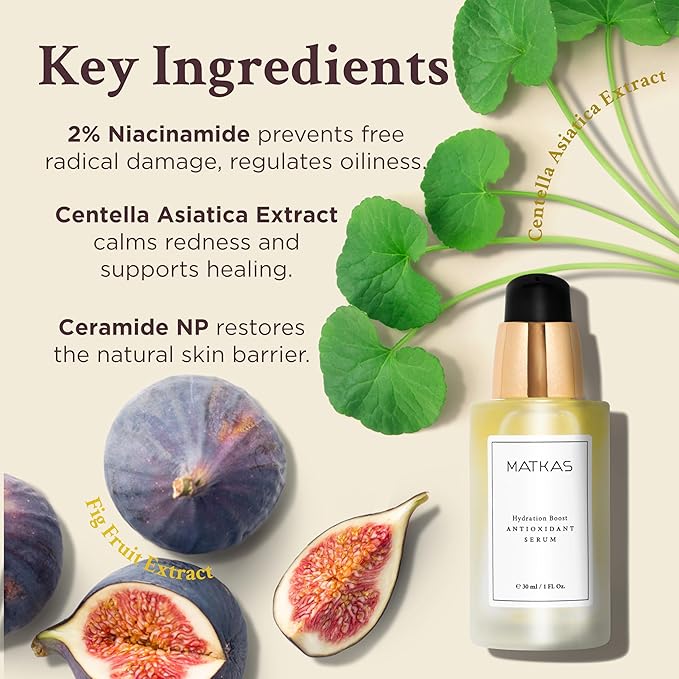 MATKAS Korean Antioxidant 2% Niacinamide Serum for Face with Cica - 30mL - Hyaluronic Acid Moisturizer and Centella Ampoule Serum for Glowing Skin, Anti Redness Niacinamide Pore Minimizer + Ceramide