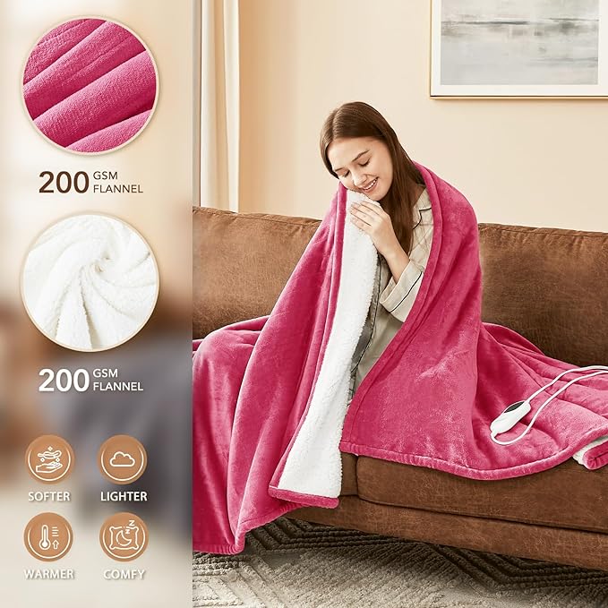 Homemate Electric Heated Blanket Twin Size - 62"x84" Heating Blanket Twin Size 1/2/4/6/8 Hours Auto-Off 10 Heat Level Over-Heat Protection Flannel Sherpa ETL Certification