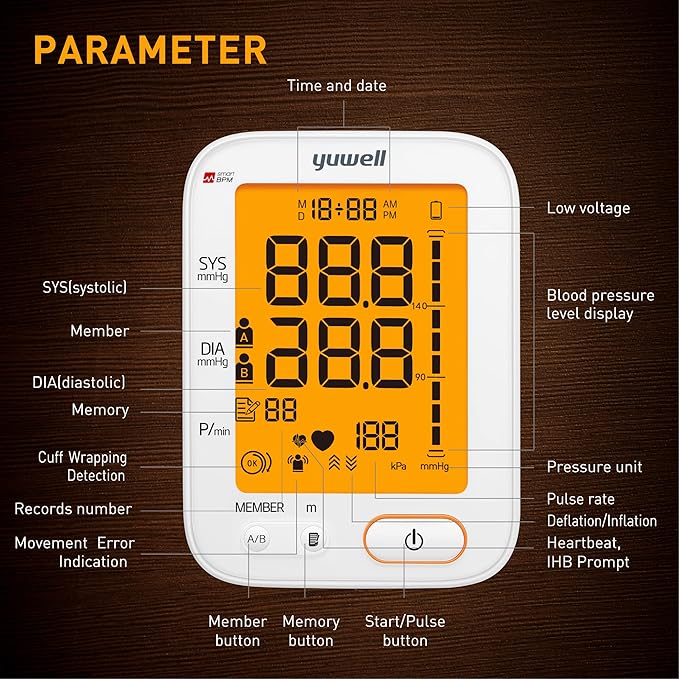 yuwell Upper Arm Blood Pressure Monitor | Medical Grade, BP Machine for Home Use | 2 Users, 99x2 Readings, Wide Range Blood Pressure Cuff, 4.5" Large Display, Power Adapter
