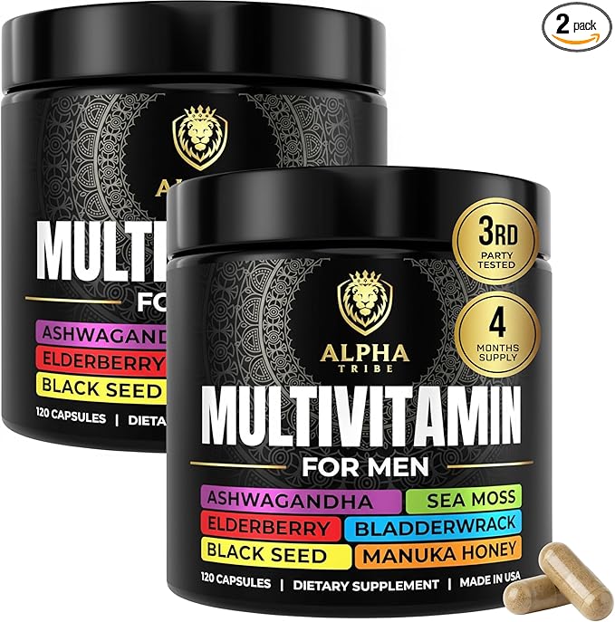 Alpha Tribe Multivitamin for Men w/Sea Moss, Black Seed Oil, Ashwagandha, Turmeric Bladderwrack, Burdock, Vitamin C, Elderberry, Manuka, | Daily Men's Vitamins & Minerals Supplement - 240 Count