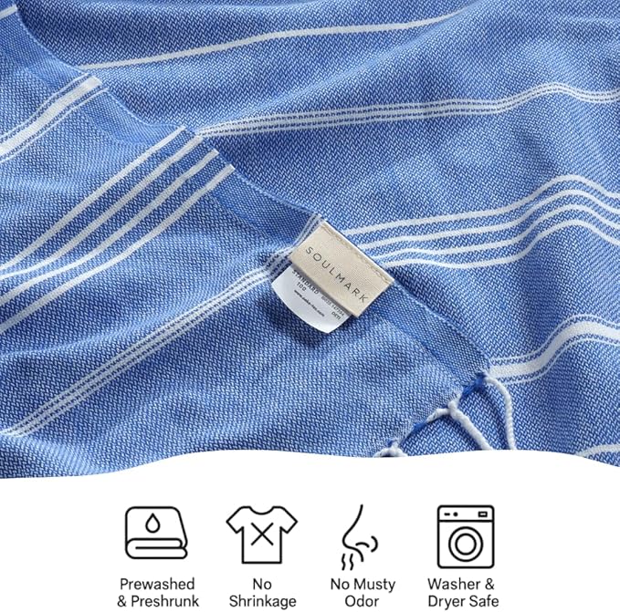 SOULMARK 100% Cotton Turkish Beach Towel with Bag - 38"x71" - 2 Pack - Made in Green & Oeko TEX Certified - Pre-Washed and Sand Free - Quick Dry and Lightweight for Travel - Made in Turkey - Sax Blue