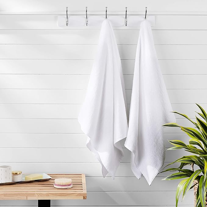 Amazon Basics 2 Piece Quick-Dry Oversize Bath Towel, 100% Cotton, White, 62" x 30"