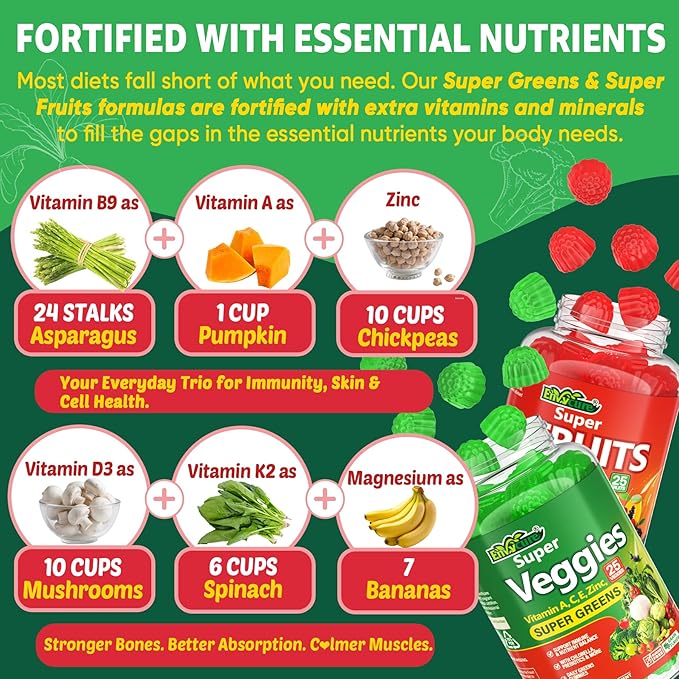 Super Greens Gummies, Daily Green Superfood Supplement w/Spirulina, Chlorella, Mushrooms, Probiotics, Multivitamins, 50+ Super Greens & Veggies Gummies to Boost Immunity, Energy & Gut Health, 120cts
