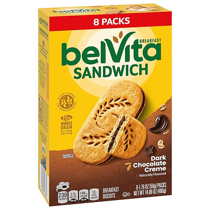 belVita Breakfast Sandwich Dark Chocolate Creme Breakfast Biscuits, 64 Total Packs, 8 Boxes (2 Sandwiches Per Pack)