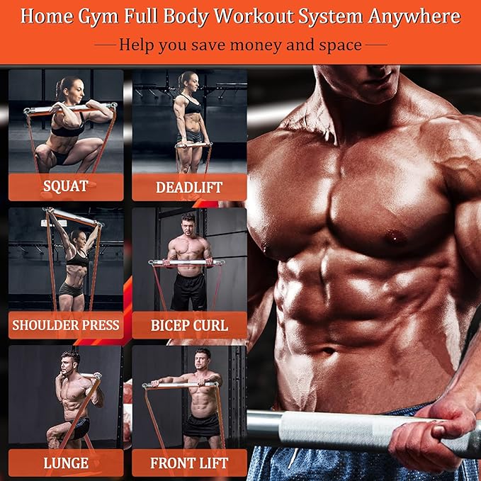 DASKING Resistance Band Bar Set for Home Gym, 500LB Total Resistance with Longer Bar & 4 Stackable Bands, Detachable for Full Body Workouts, Door Anchor, Exercise Guide