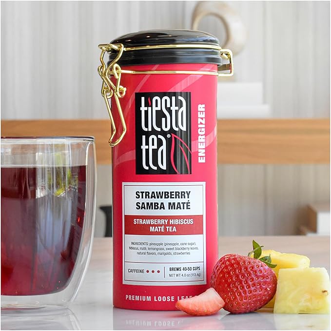 Tiesta Tea - Strawberry Samba Mate, Loose Leaf, Strawberry Hibiscus Mate Tea, High Caffeinated Fruit Blend, Make Hot or Iced Up to 50 Cups, 4 oz Refillable Tin
