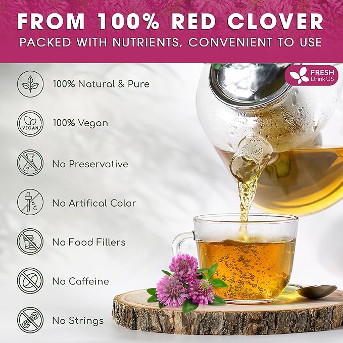 FreshDrinkUS, Premium Red Clover Herbal Teaโ 55 Tea Bags โ Pure โ Naturally Smooth & Mild Flavor โ Premium Quality, Eco-Conscious Packaging. Caffeine-Free. Gluten Free. Vegan