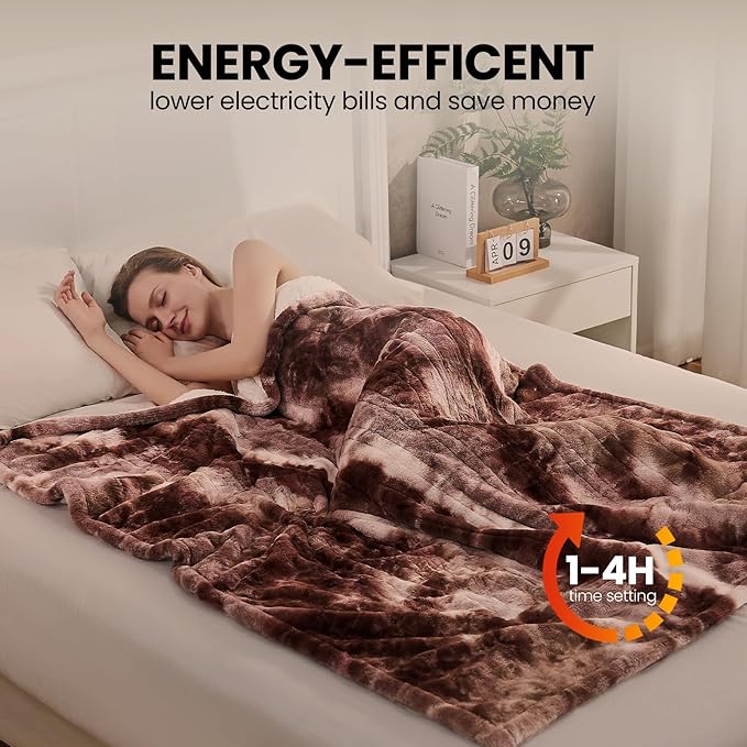 Electric Heated Blanket 50"x60",Luxury White Coffee Faux Fur Electric Throw Blanket,Fast Heating Soft Fluffy Thick Electric Blanket with 6 Heating Levels & 12H Auto Off
