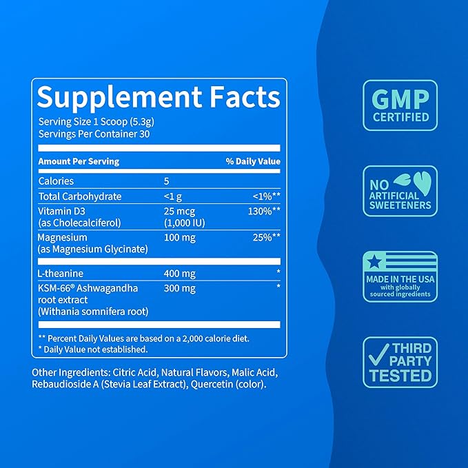 Nello Supercalm Powdered Drink Mix, Lemon Lime, L Theanine, Ksm-66 Ashwagandha, Magnesium Glycinate, Vitamin D 3, Supplements for Relaxation & Focus, Natural, No Sugar, Non GMO, 30 Srvgs