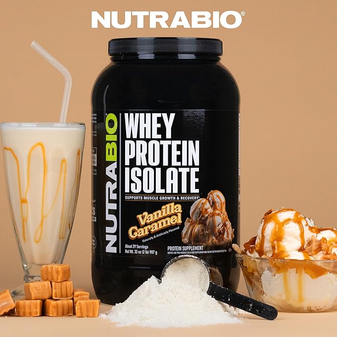NutraBio 100% Whey Protein Isolate Protein Powder, 25g Protein with Complete Amino Acid Profile, Non-GMO, Soy & Gluten Free, Low Carb, Low Calorie Whey Protein Powder, Vanilla Caramel, 2 Lbs