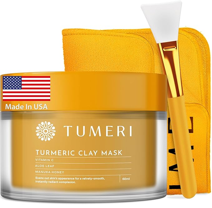 TUMERI Turmeric Clay Mask for Facial Skin Care – Turmeric with Vitamin C Clay Mask with Manuka Honey 2 oz – Facial Mask for Dark Spots, Scarring and Cleansing with Face Mask Brush Applicator & Towel