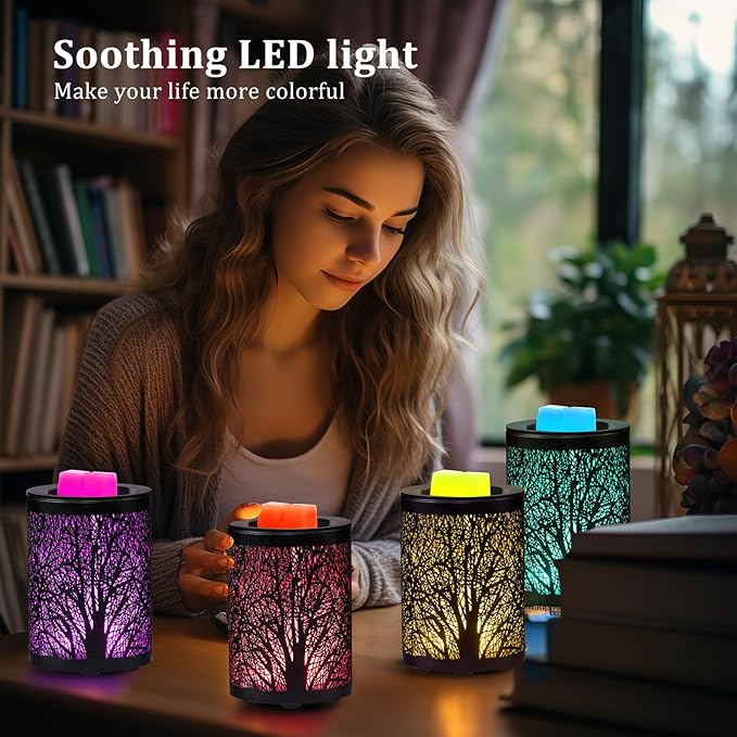 Fragrance Electric Wax Melts Warmer with 7 Colors LED Changing Light Metal Tree Scent Oil Candle Burner for Home Decor