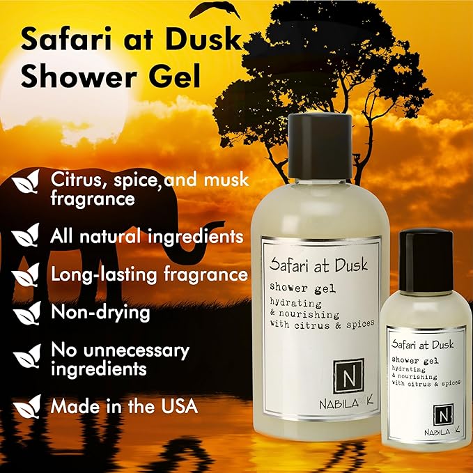 Nabila K Safari at Dusk Shower Gel Refreshing Body Wash with Citrus, Spice & Musk Fragrance, 8 oz - Naturally Derived, Sulfate-Free, Paraben-Free - Made in the USA