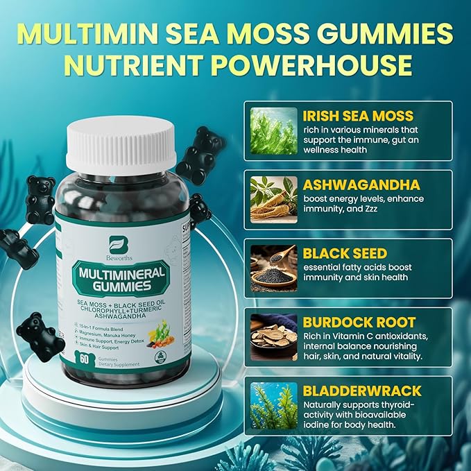 Sea Moss Gummies | Black Seed Oil Ashwagandha Chlorophyll | with Turmeric, Magnesium, Elderberry, Manuka Honey - Irish Sea Moss Gummy for Immune & Digestive, Gut Detox Support | Vegan, 120